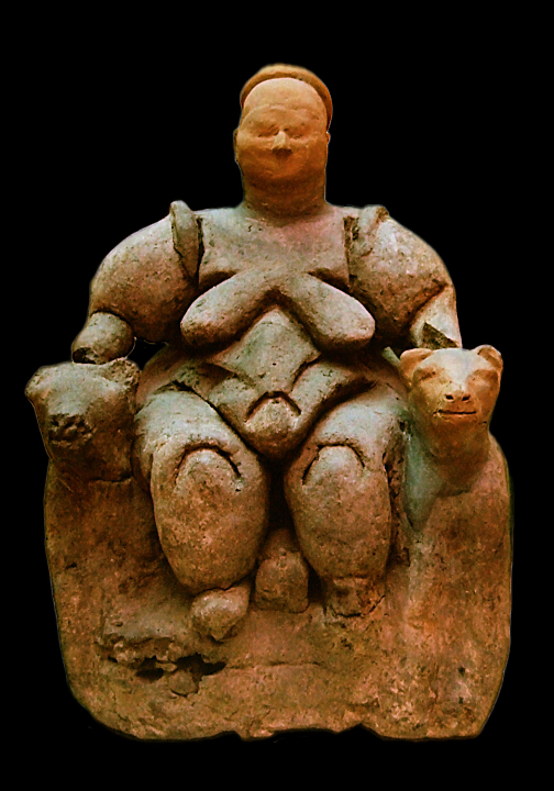 Fertility figure, neolithic, Turkey, Çatalhöyük (W Seated Mother Goddess flanked by two lionesses from Çatalhöyük (Turkey), Neolithic age (about 6000-5500 BCE), today in Museum of Anatolian Civilizations in Ankara Doubts about accuracy of this description are presented in Wikipedia:Talk:Cybele #Seated Woman of Çatalhöyük.