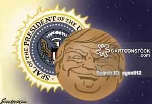 Cartoon eclipse with presidential seal and face.