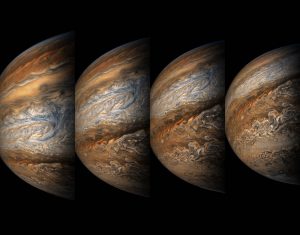 Jupiter's swirling cloud patterns, four views.