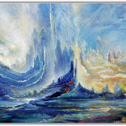 Surreal landscape with mountains and swirling sky.