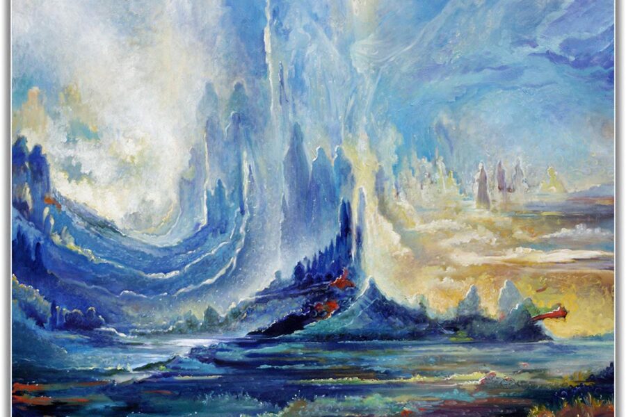 Abstract landscape with vibrant, swirling colors.