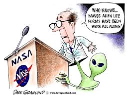 Cartoon scientist surprised by alien at podium.