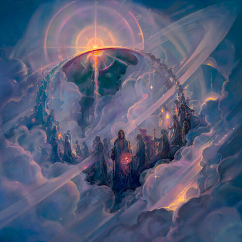 Mystical scene with figures and celestial elements.