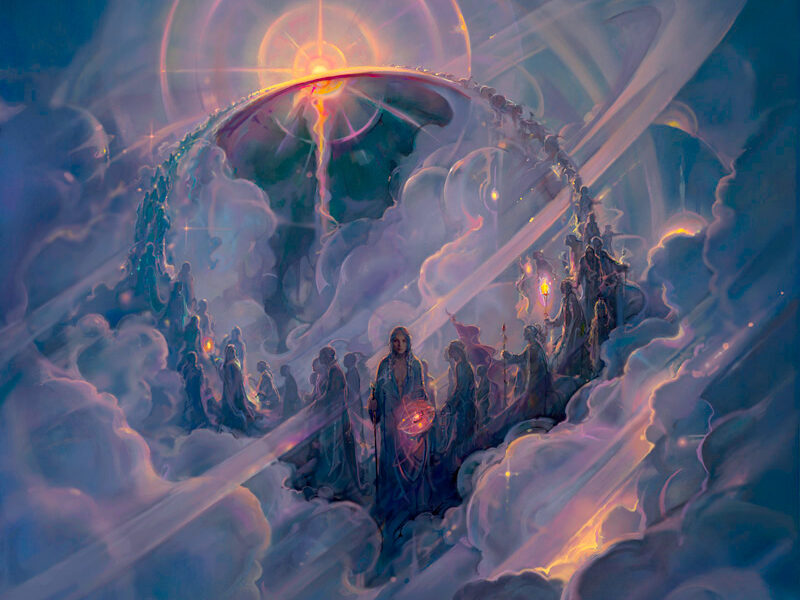 Mystical scene with figures and celestial elements.