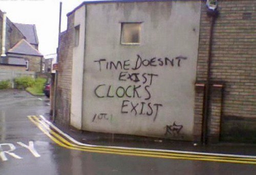 Graffiti on wall about time and clocks.