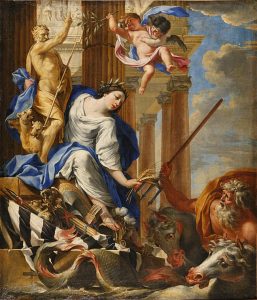 Mythological scene with gods and cherubs depicted.