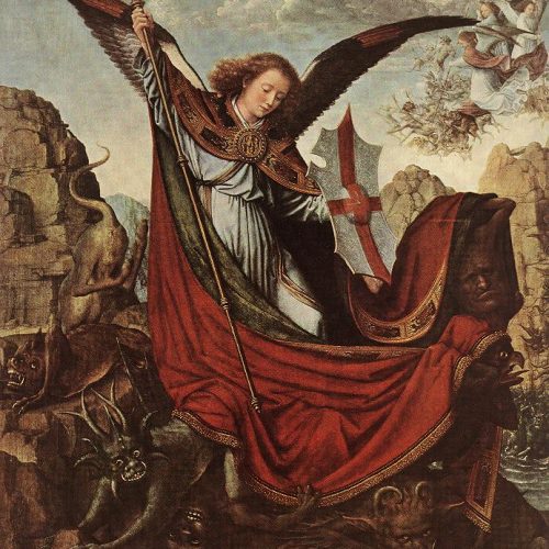 A painting of an angel holding a sword and a spear.