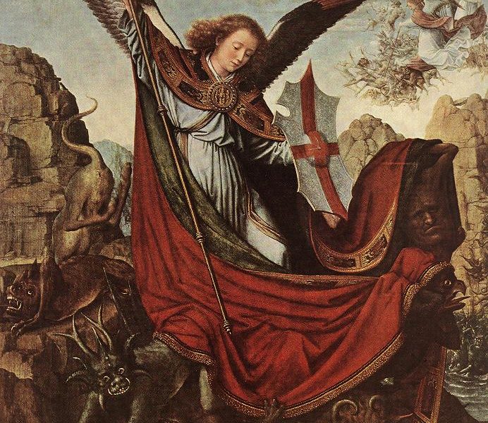 A painting of an angel holding a sword and a spear.