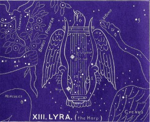 A drawing of an eagle with wings spread, and the words " 1 3. Lyra ".