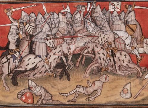 A painting of a medieval battle scene with horses and men.