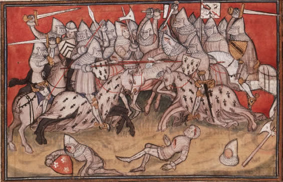 A painting of a medieval battle scene with horses and men.