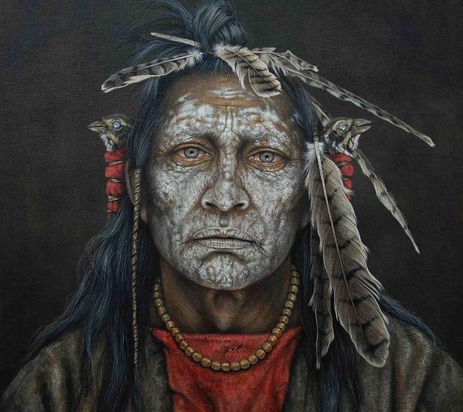 A painting of an indian man with feathers on his head.