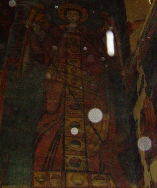 A painting of a man in the middle of a room.