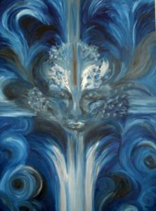A painting of a face with blue and white swirls