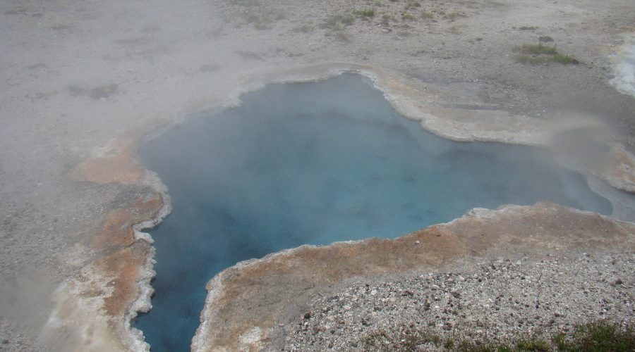 A blue pool of water in the middle of a field.