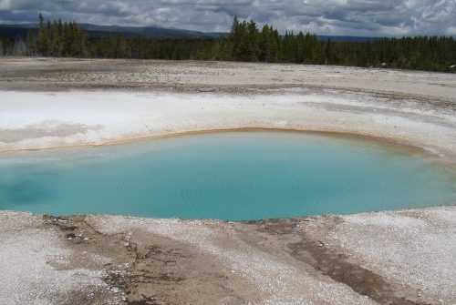 A blue pool of water in the middle of an area.