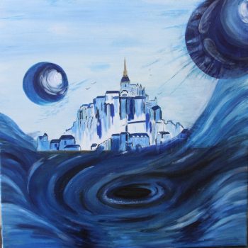 A painting of a city with water and sky