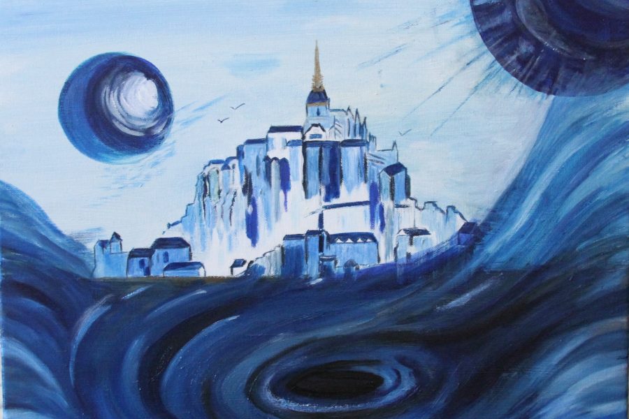 A painting of a city in the middle of water