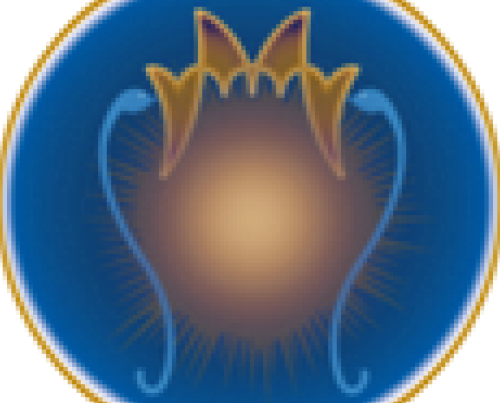 A blue and yellow circle with two bats on it