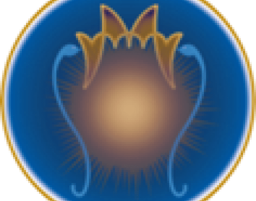A blue and yellow circle with two bats on it