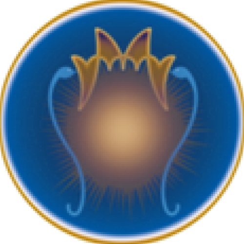 A blue circle with a gold rim and two yellow flowers.