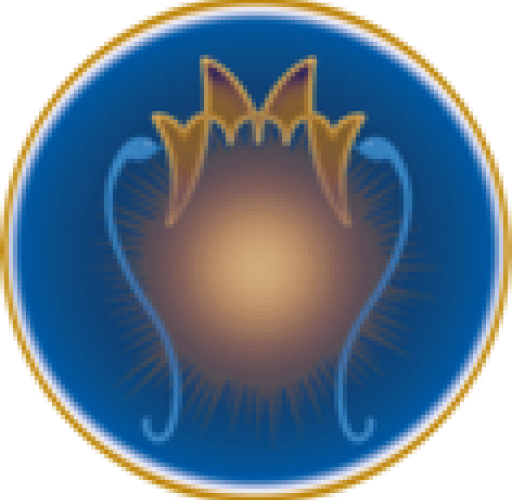 A blue circle with a gold rim and two yellow flowers.