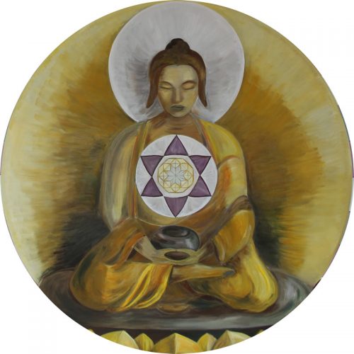A painting of a person sitting in the lotus position