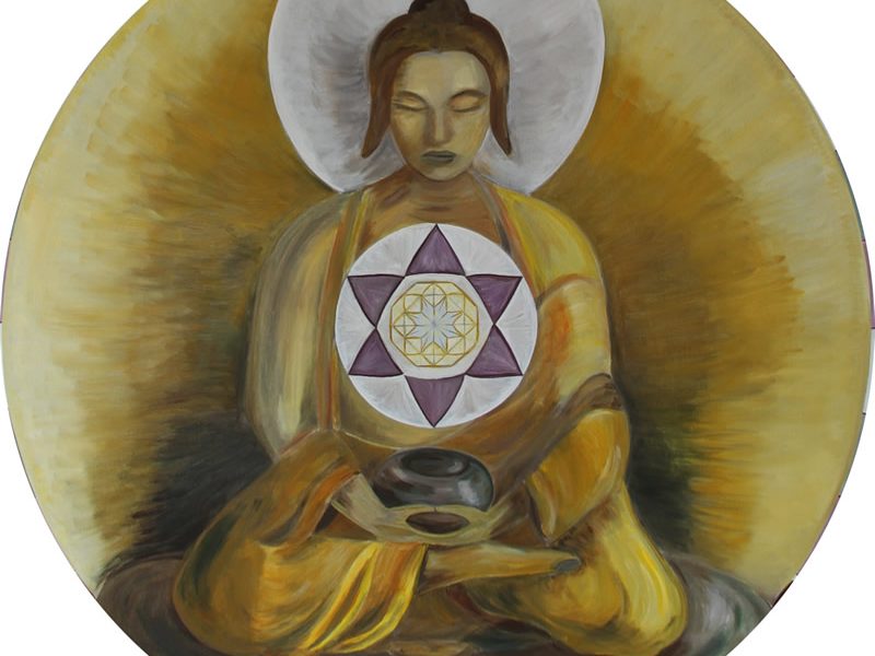 A painting of a person sitting in the lotus position