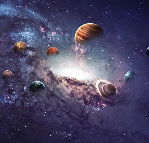 A painting of planets in the sky with purple clouds.