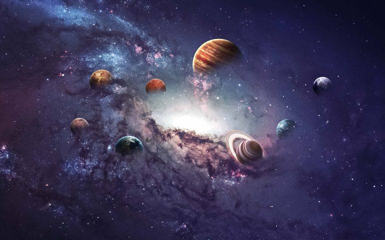A painting of planets in the sky with purple clouds.