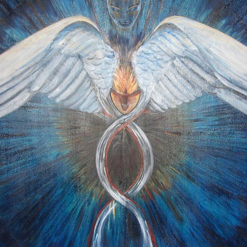 A painting of an angel with wings and a snake.