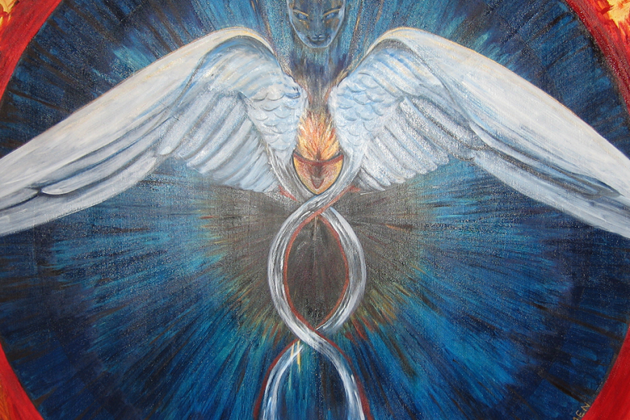 A painting of an angel with wings and a snake.