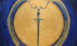 A painting of a sword in the middle of a circle.