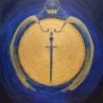 A painting of a sword in the middle of a circle.