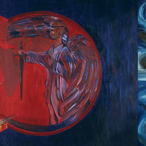 A painting of an angel holding a sword.