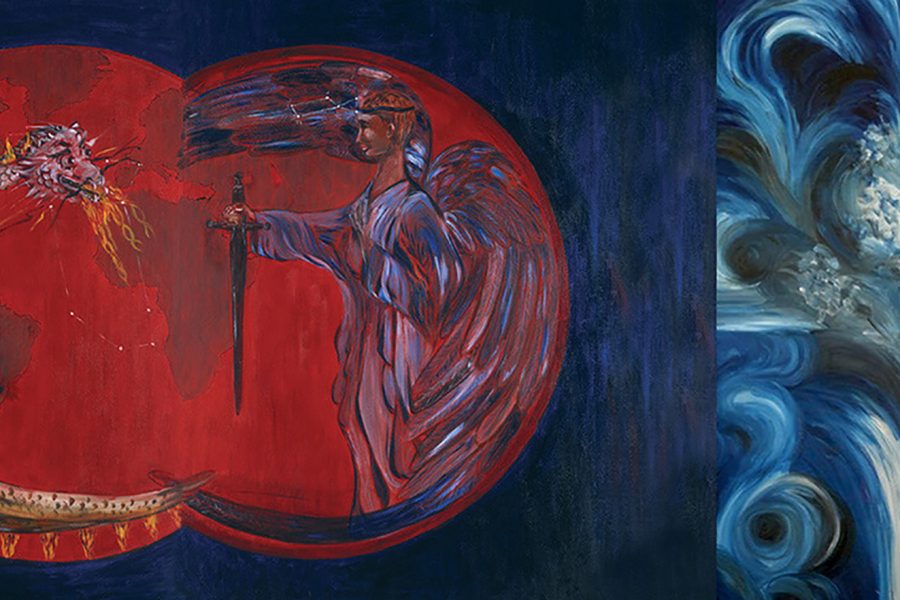 A painting of an angel holding a sword.