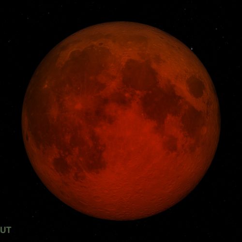 A red moon is shown in the dark sky.