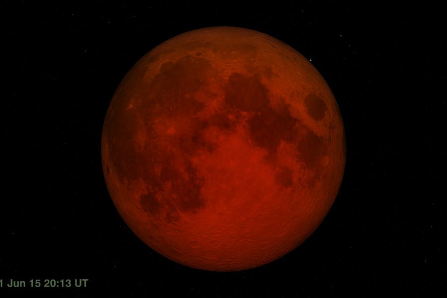 A red moon is shown in the dark sky.