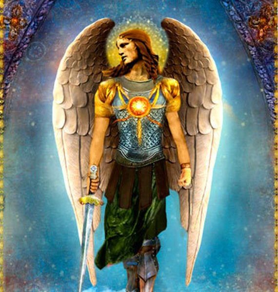 A painting of an angel with sword and shield.