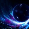 A blue and purple space with some rocks