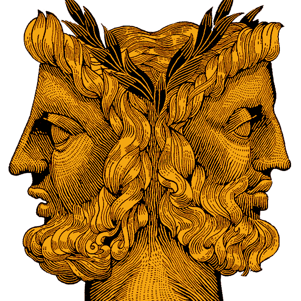 A drawing of two faces with leaves on their heads.