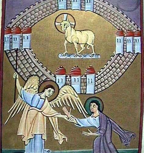 Medieval illustration with angel and lamb symbolism.