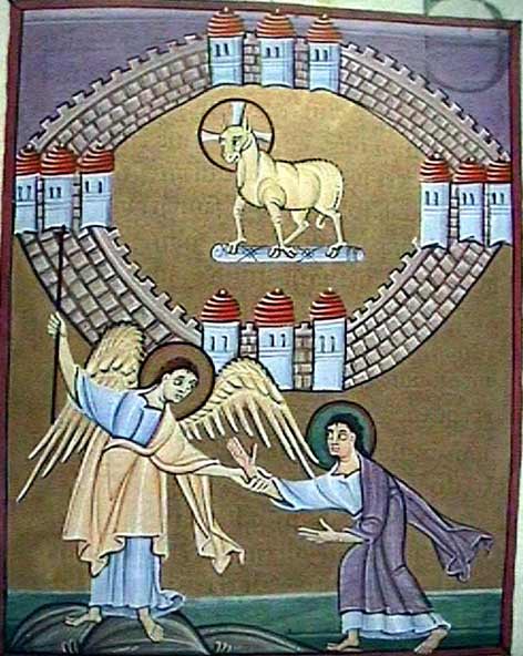 Medieval illustration with angel and lamb symbolism.