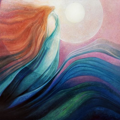A painting of the sun and waves in front of it.