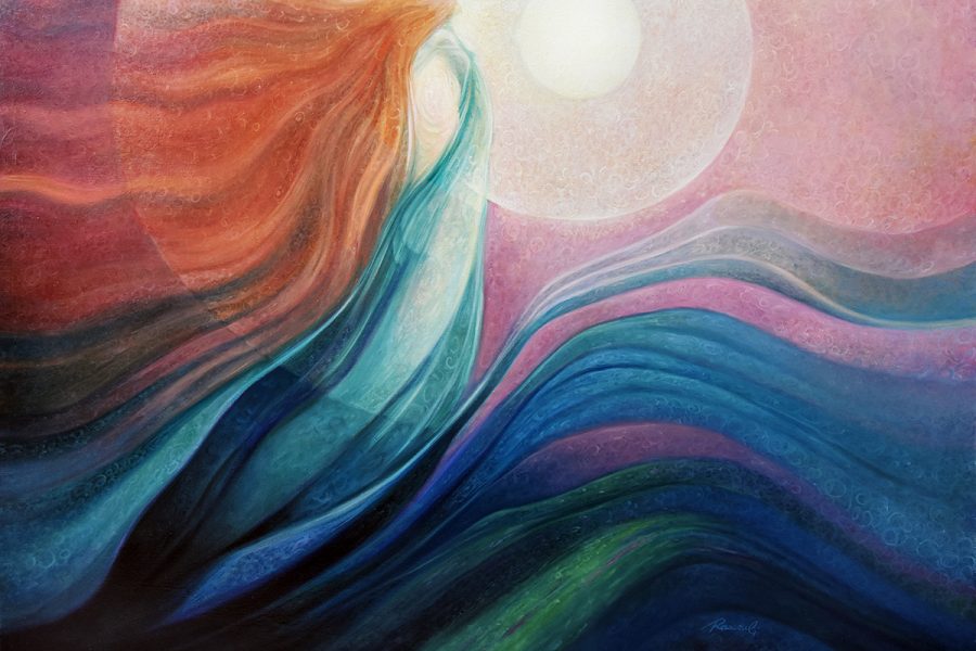 A painting of the sun and waves in front of it.