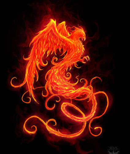 A fire dragon is shown in flames.