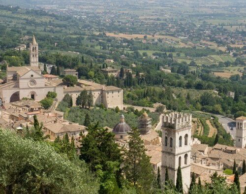 Scenic view of Assisi with historic buildings.