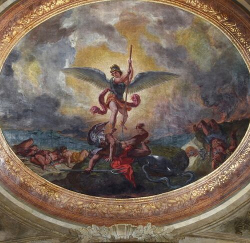 A painting of an angel holding a sword and standing on top of a rock.