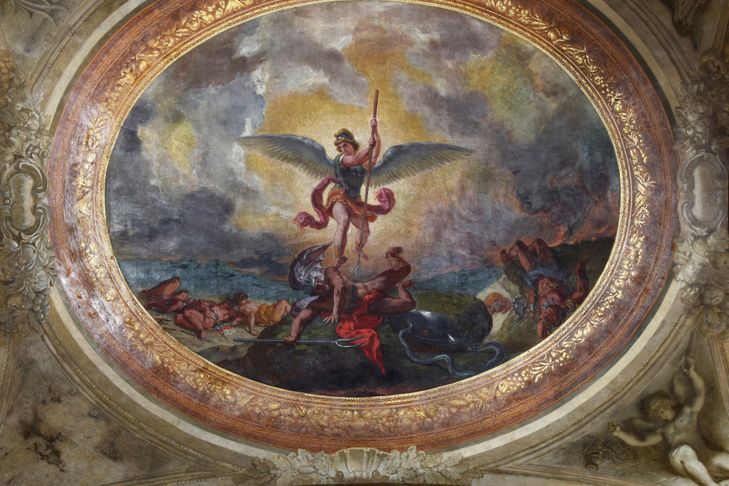 A painting of an angel holding a sword and standing on top of a rock.