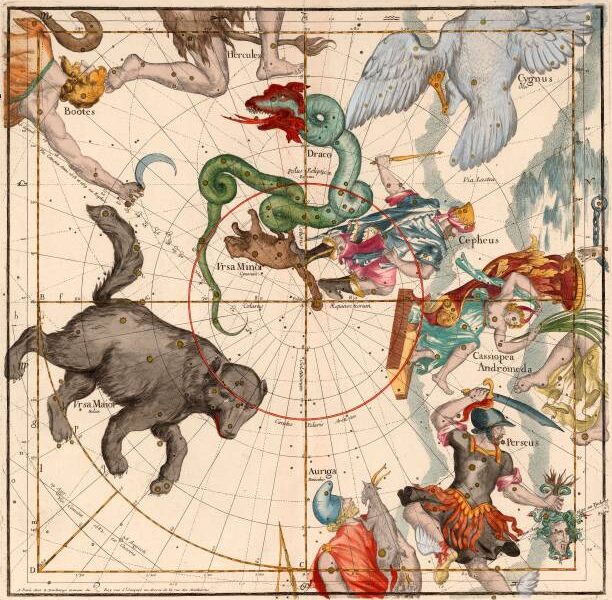 A map of the zodiac with animals and people.